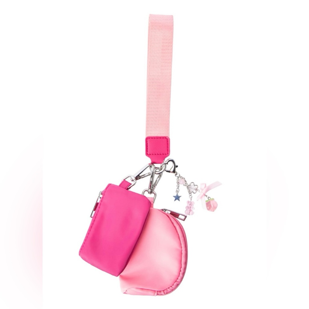 Double Purse Wristlet Keychain with Gummy Bear, Peach, Silver Heart, Bag Charm